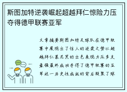 斯图加特逆袭崛起超越拜仁惊险力压夺得德甲联赛亚军