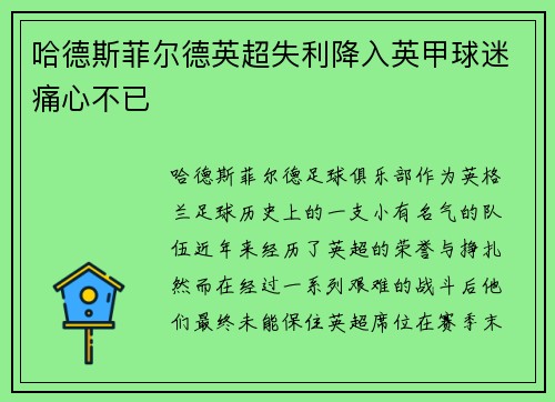 哈德斯菲尔德英超失利降入英甲球迷痛心不已