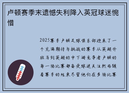 卢顿赛季末遗憾失利降入英冠球迷惋惜 卢顿赛季末遗憾失利降入英冠球迷惋惜